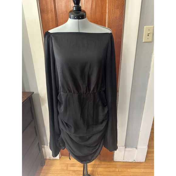 SNDYS Black Off Shoulder‎ Long Sleeve Ruched Drawstring Mini Dress US 8 - Picture 2 of 5